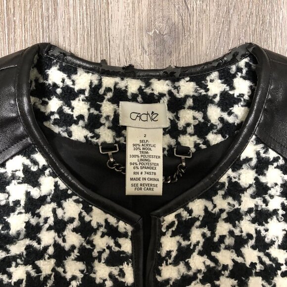 Cache Women's Size 2 Wool Blend Cropped Jacket Black White Houndstooth Blazer - Picture 7 of 9